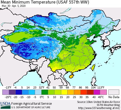 China, Mongolia and Taiwan Mean Minimum Temperature (USAF 557th WW) Thematic Map For 3/30/2020 - 4/5/2020