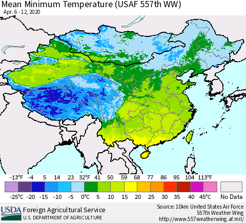China, Mongolia and Taiwan Mean Minimum Temperature (USAF 557th WW) Thematic Map For 4/6/2020 - 4/12/2020