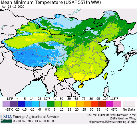 China, Mongolia and Taiwan Mean Minimum Temperature (USAF 557th WW) Thematic Map For 4/13/2020 - 4/19/2020