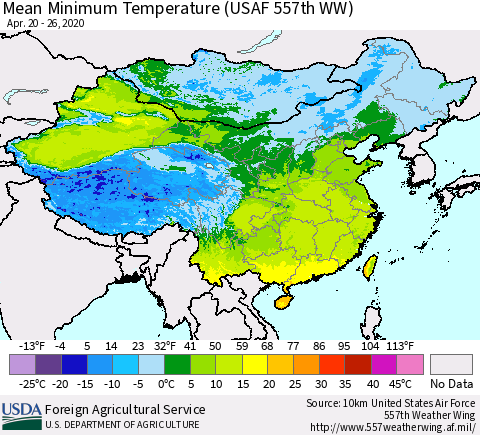 China, Mongolia and Taiwan Mean Minimum Temperature (USAF 557th WW) Thematic Map For 4/20/2020 - 4/26/2020