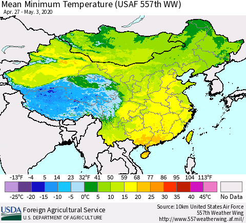 China, Mongolia and Taiwan Mean Minimum Temperature (USAF 557th WW) Thematic Map For 4/27/2020 - 5/3/2020