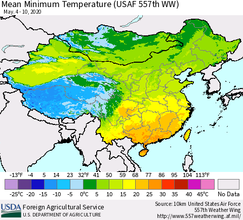 China, Mongolia and Taiwan Mean Minimum Temperature (USAF 557th WW) Thematic Map For 5/4/2020 - 5/10/2020