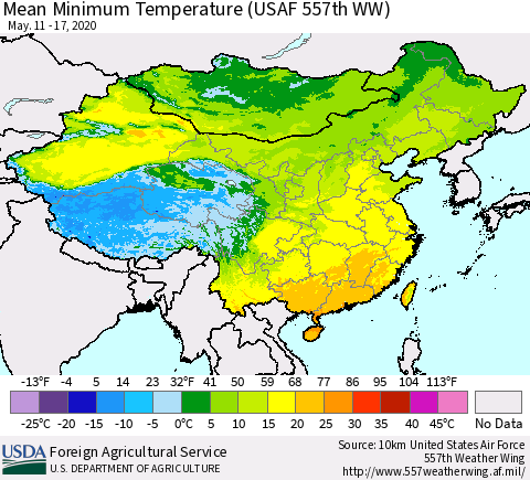 China, Mongolia and Taiwan Mean Minimum Temperature (USAF 557th WW) Thematic Map For 5/11/2020 - 5/17/2020