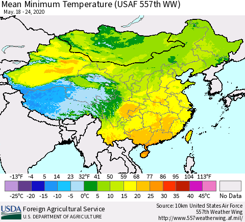 China, Mongolia and Taiwan Mean Minimum Temperature (USAF 557th WW) Thematic Map For 5/18/2020 - 5/24/2020