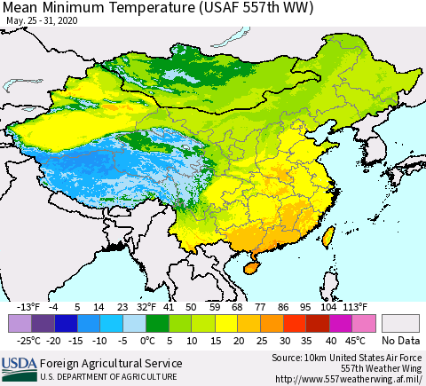 China, Mongolia and Taiwan Mean Minimum Temperature (USAF 557th WW) Thematic Map For 5/25/2020 - 5/31/2020