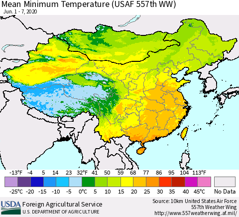 China, Mongolia and Taiwan Mean Minimum Temperature (USAF 557th WW) Thematic Map For 6/1/2020 - 6/7/2020