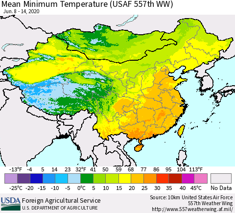 China, Mongolia and Taiwan Mean Minimum Temperature (USAF 557th WW) Thematic Map For 6/8/2020 - 6/14/2020