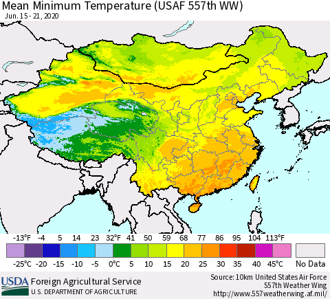 China, Mongolia and Taiwan Mean Minimum Temperature (USAF 557th WW) Thematic Map For 6/15/2020 - 6/21/2020