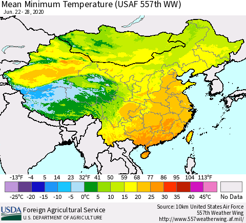 China, Mongolia and Taiwan Mean Minimum Temperature (USAF 557th WW) Thematic Map For 6/22/2020 - 6/28/2020