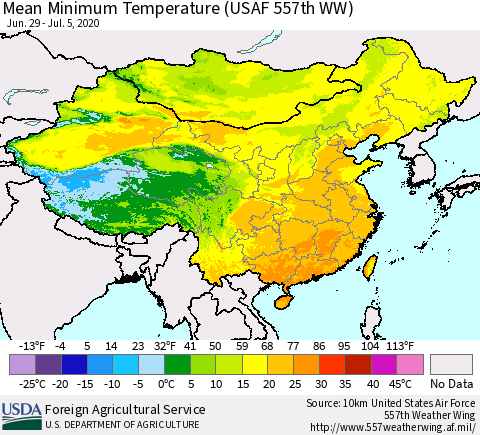 China, Mongolia and Taiwan Mean Minimum Temperature (USAF 557th WW) Thematic Map For 6/29/2020 - 7/5/2020