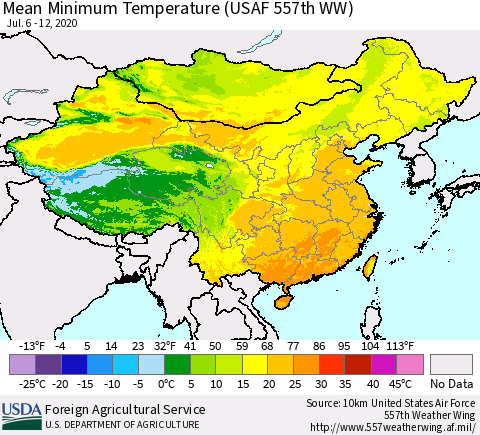 China, Mongolia and Taiwan Mean Minimum Temperature (USAF 557th WW) Thematic Map For 7/6/2020 - 7/12/2020