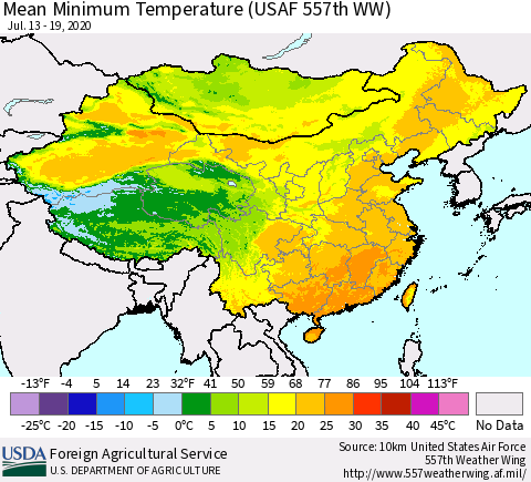 China, Mongolia and Taiwan Mean Minimum Temperature (USAF 557th WW) Thematic Map For 7/13/2020 - 7/19/2020