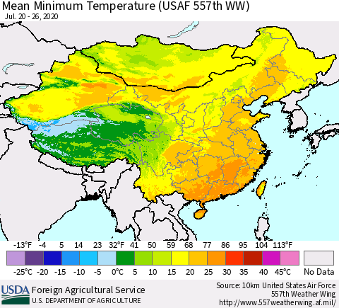 China, Mongolia and Taiwan Mean Minimum Temperature (USAF 557th WW) Thematic Map For 7/20/2020 - 7/26/2020