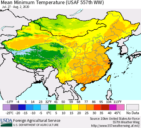 China, Mongolia and Taiwan Mean Minimum Temperature (USAF 557th WW) Thematic Map For 7/27/2020 - 8/2/2020