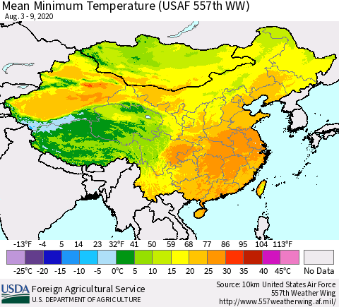 China, Mongolia and Taiwan Mean Minimum Temperature (USAF 557th WW) Thematic Map For 8/3/2020 - 8/9/2020