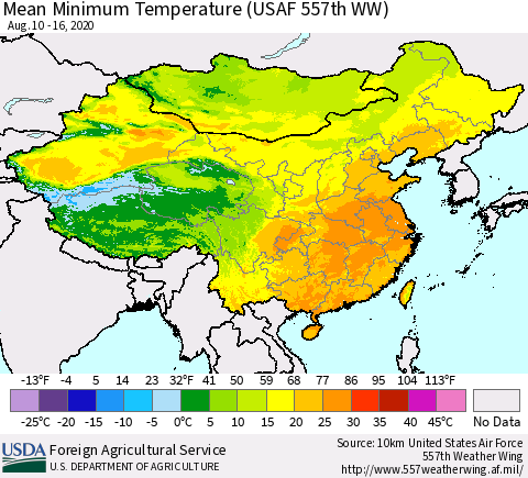 China, Mongolia and Taiwan Mean Minimum Temperature (USAF 557th WW) Thematic Map For 8/10/2020 - 8/16/2020