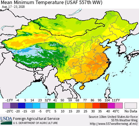 China, Mongolia and Taiwan Mean Minimum Temperature (USAF 557th WW) Thematic Map For 8/17/2020 - 8/23/2020