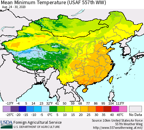 China, Mongolia and Taiwan Mean Minimum Temperature (USAF 557th WW) Thematic Map For 8/24/2020 - 8/30/2020