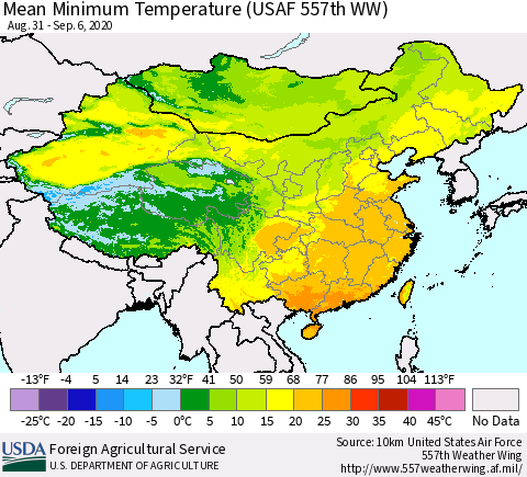 China, Mongolia and Taiwan Mean Minimum Temperature (USAF 557th WW) Thematic Map For 8/31/2020 - 9/6/2020