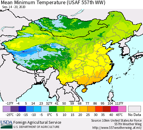 China, Mongolia and Taiwan Mean Minimum Temperature (USAF 557th WW) Thematic Map For 9/14/2020 - 9/20/2020