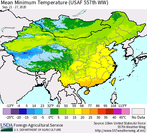 China, Mongolia and Taiwan Mean Minimum Temperature (USAF 557th WW) Thematic Map For 9/21/2020 - 9/27/2020