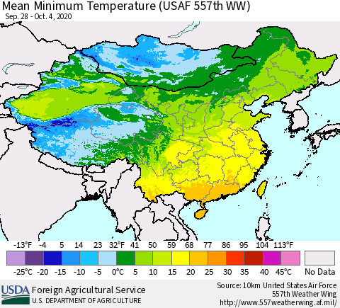 China, Mongolia and Taiwan Mean Minimum Temperature (USAF 557th WW) Thematic Map For 9/28/2020 - 10/4/2020