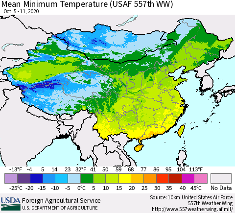 China, Mongolia and Taiwan Mean Minimum Temperature (USAF 557th WW) Thematic Map For 10/5/2020 - 10/11/2020