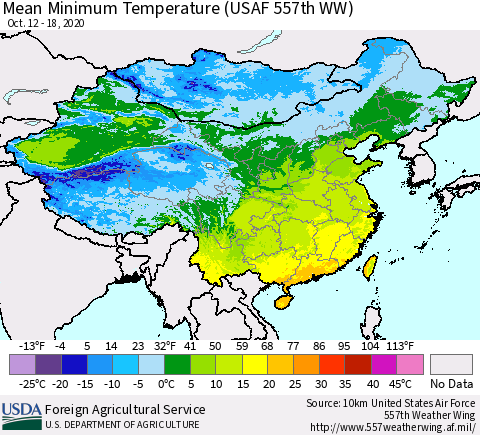 China, Mongolia and Taiwan Mean Minimum Temperature (USAF 557th WW) Thematic Map For 10/12/2020 - 10/18/2020