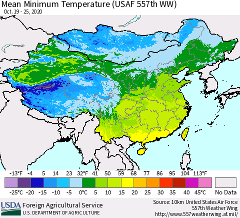 China, Mongolia and Taiwan Mean Minimum Temperature (USAF 557th WW) Thematic Map For 10/19/2020 - 10/25/2020