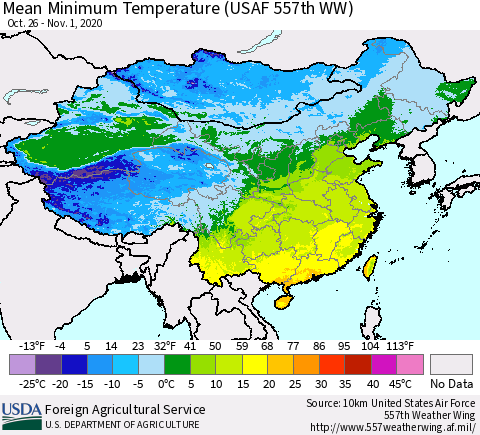China, Mongolia and Taiwan Mean Minimum Temperature (USAF 557th WW) Thematic Map For 10/26/2020 - 11/1/2020