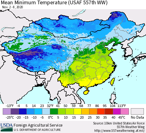 China, Mongolia and Taiwan Mean Minimum Temperature (USAF 557th WW) Thematic Map For 11/2/2020 - 11/8/2020