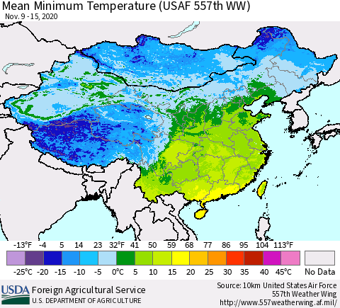 China, Mongolia and Taiwan Mean Minimum Temperature (USAF 557th WW) Thematic Map For 11/9/2020 - 11/15/2020