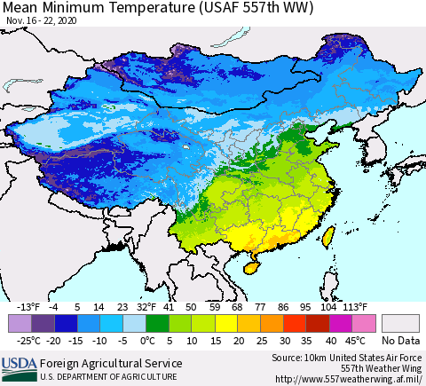 China, Mongolia and Taiwan Mean Minimum Temperature (USAF 557th WW) Thematic Map For 11/16/2020 - 11/22/2020