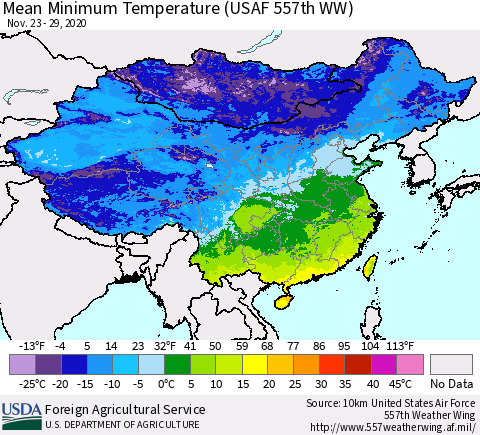 China, Mongolia and Taiwan Mean Minimum Temperature (USAF 557th WW) Thematic Map For 11/23/2020 - 11/29/2020