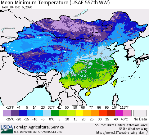 China, Mongolia and Taiwan Mean Minimum Temperature (USAF 557th WW) Thematic Map For 11/30/2020 - 12/6/2020