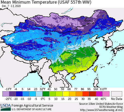 China, Mongolia and Taiwan Mean Minimum Temperature (USAF 557th WW) Thematic Map For 12/7/2020 - 12/13/2020