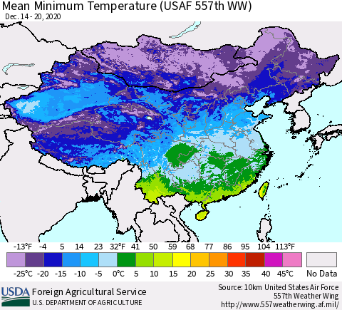 China, Mongolia and Taiwan Mean Minimum Temperature (USAF 557th WW) Thematic Map For 12/14/2020 - 12/20/2020