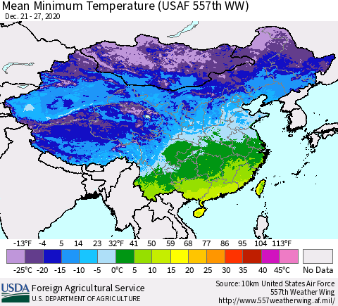 China, Mongolia and Taiwan Mean Minimum Temperature (USAF 557th WW) Thematic Map For 12/21/2020 - 12/27/2020