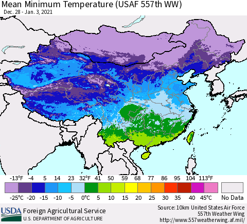 China, Mongolia and Taiwan Mean Minimum Temperature (USAF 557th WW) Thematic Map For 12/28/2020 - 1/3/2021