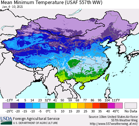 China, Mongolia and Taiwan Mean Minimum Temperature (USAF 557th WW) Thematic Map For 1/4/2021 - 1/10/2021