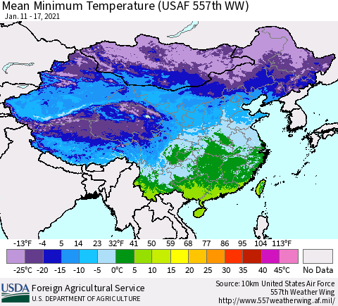 China, Mongolia and Taiwan Mean Minimum Temperature (USAF 557th WW) Thematic Map For 1/11/2021 - 1/17/2021