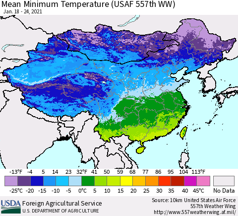 China, Mongolia and Taiwan Mean Minimum Temperature (USAF 557th WW) Thematic Map For 1/18/2021 - 1/24/2021