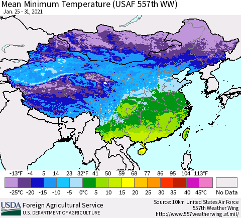 China, Mongolia and Taiwan Mean Minimum Temperature (USAF 557th WW) Thematic Map For 1/25/2021 - 1/31/2021
