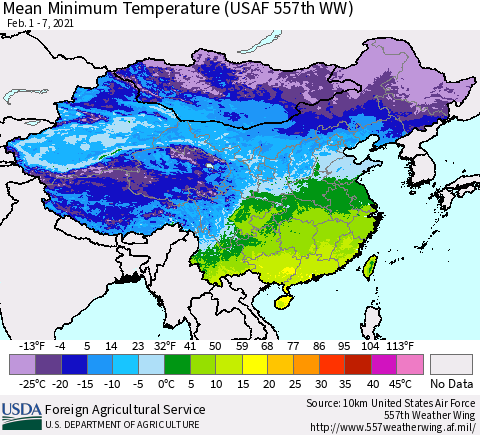 China, Mongolia and Taiwan Mean Minimum Temperature (USAF 557th WW) Thematic Map For 2/1/2021 - 2/7/2021