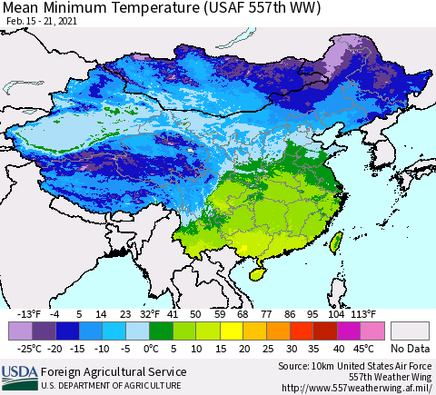 China, Mongolia and Taiwan Mean Minimum Temperature (USAF 557th WW) Thematic Map For 2/15/2021 - 2/21/2021