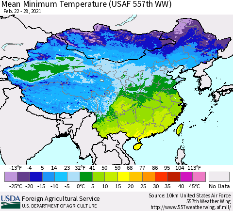 China, Mongolia and Taiwan Mean Minimum Temperature (USAF 557th WW) Thematic Map For 2/22/2021 - 2/28/2021