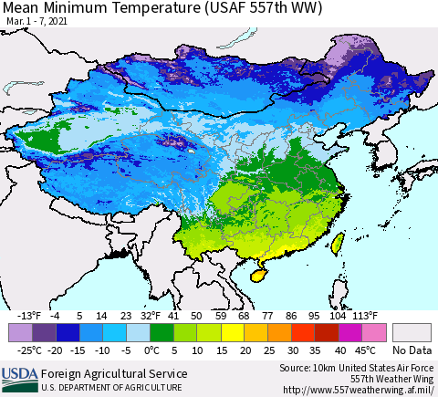 China, Mongolia and Taiwan Mean Minimum Temperature (USAF 557th WW) Thematic Map For 3/1/2021 - 3/7/2021