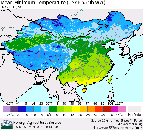 China, Mongolia and Taiwan Mean Minimum Temperature (USAF 557th WW) Thematic Map For 3/8/2021 - 3/14/2021
