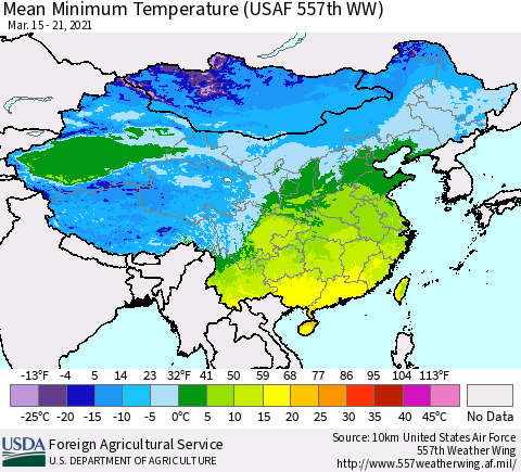China, Mongolia and Taiwan Mean Minimum Temperature (USAF 557th WW) Thematic Map For 3/15/2021 - 3/21/2021