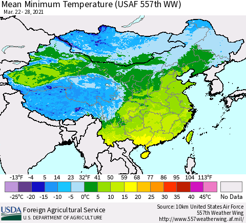 China, Mongolia and Taiwan Mean Minimum Temperature (USAF 557th WW) Thematic Map For 3/22/2021 - 3/28/2021